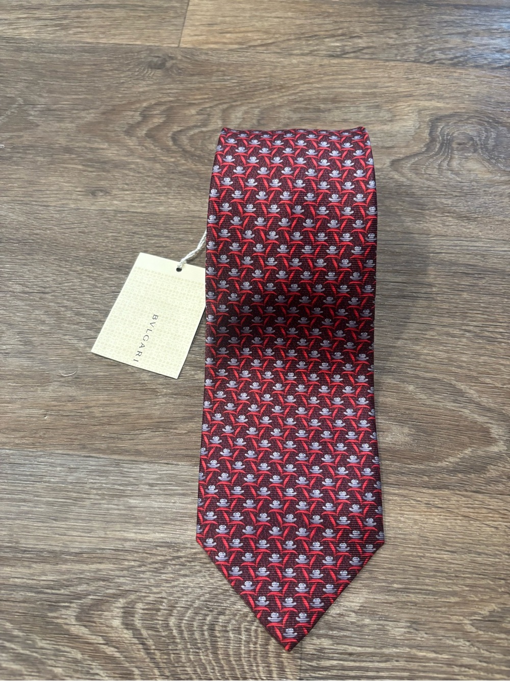 NWT Bvlgari 100% Silk Tie Bordeaux Pictorial Made Italy Designer Necktie